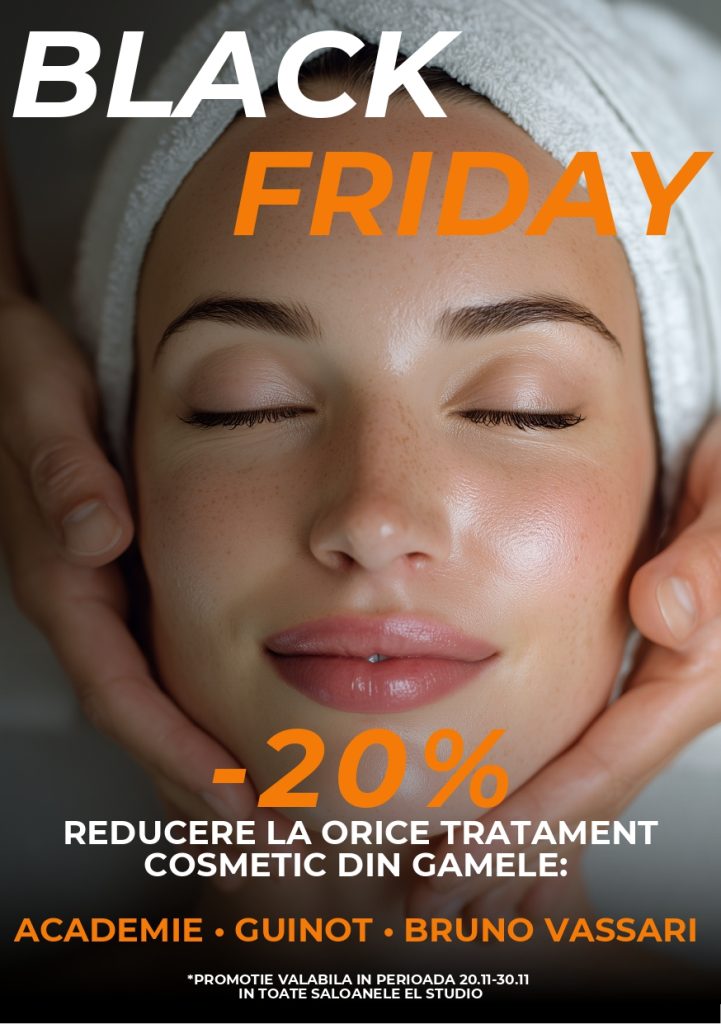 Tratamente cosmetice Black Friday la El Studio – clientă la tratament facial în salon, cu mască aplicată, text promoțional -20% reducere.