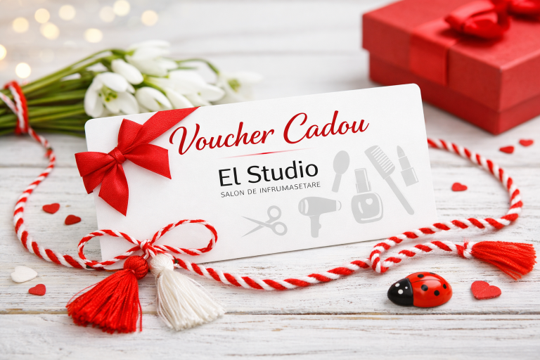 Voucher Mărțișor El Studio decorat cu șnur roșu-alb și flori de primăvară