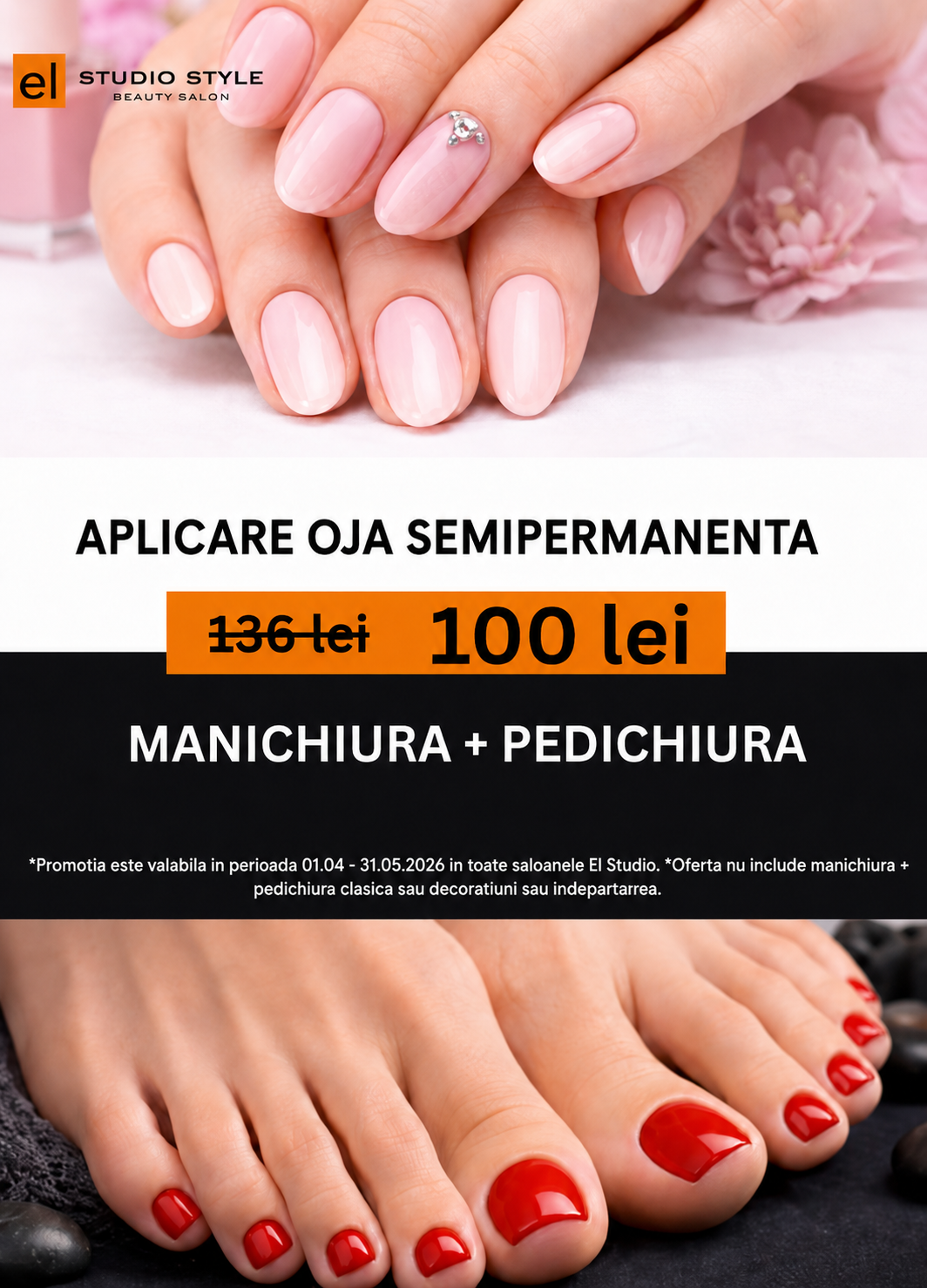 Aplicare oja semipermanenta la manichiura + pedichiura – 100 lei